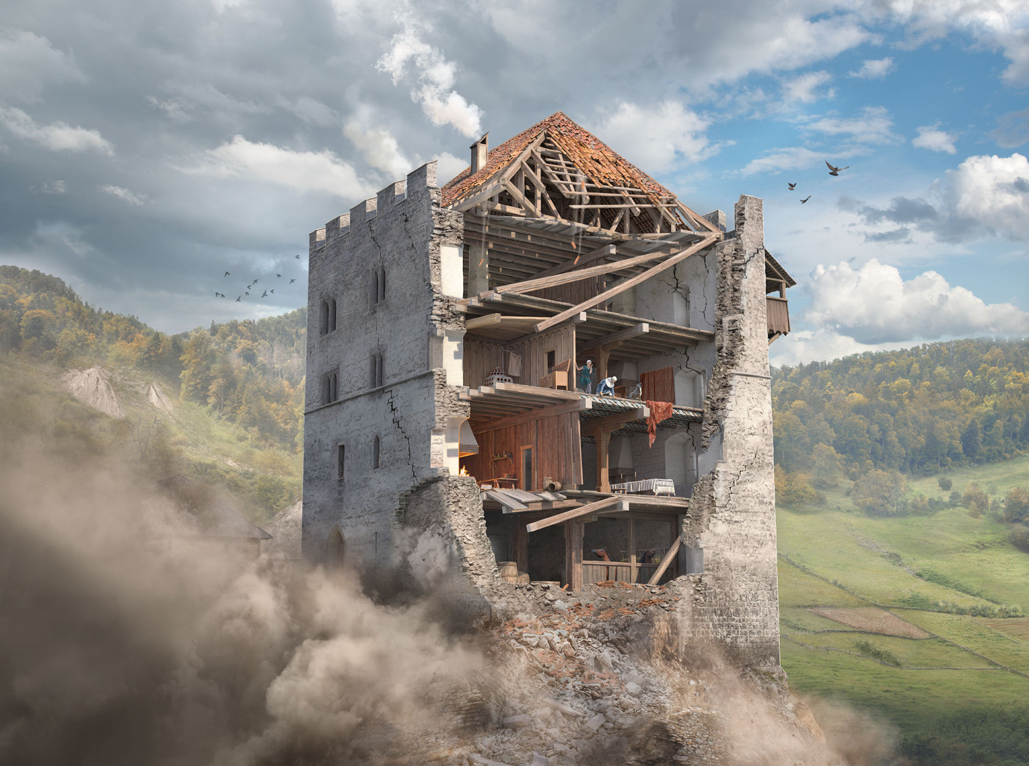 Einssturz des Hauptturmes beim Erdbeben von Basel 1356